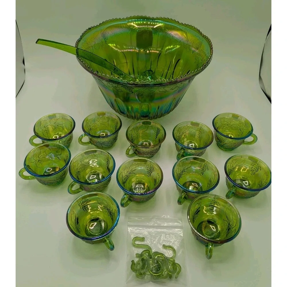 Vintage Indiana Carnival Glass Iridescent Green Punch Bowl Set With 12 Cups